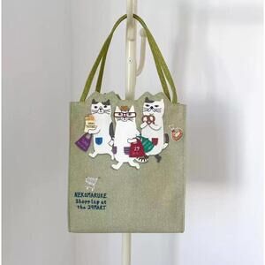 Kusuguru Japan Chubby Cats Canvas Small Tote in Green NWT